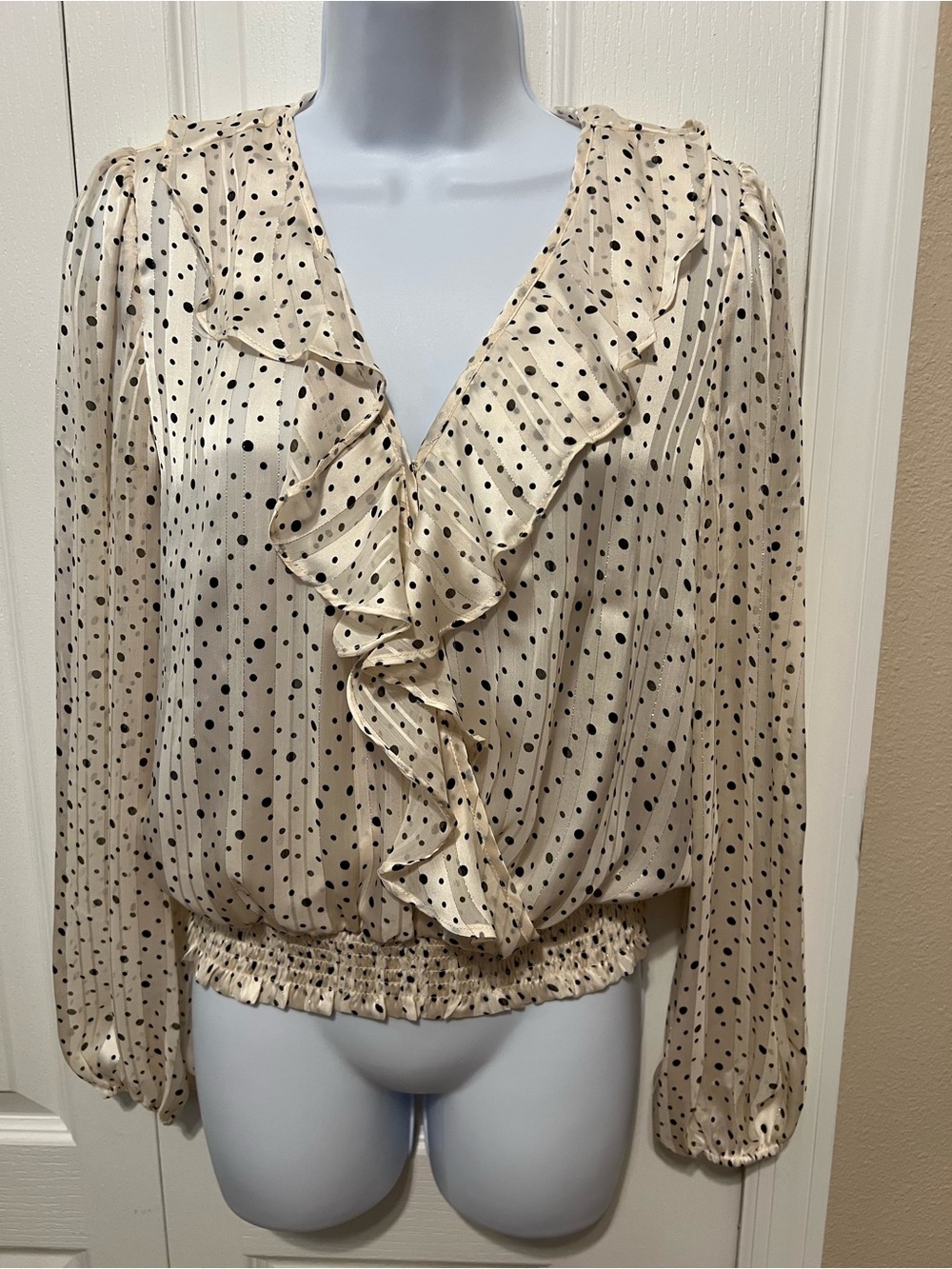 Joie Cream and Black Polka Dot Ruffle Blouse